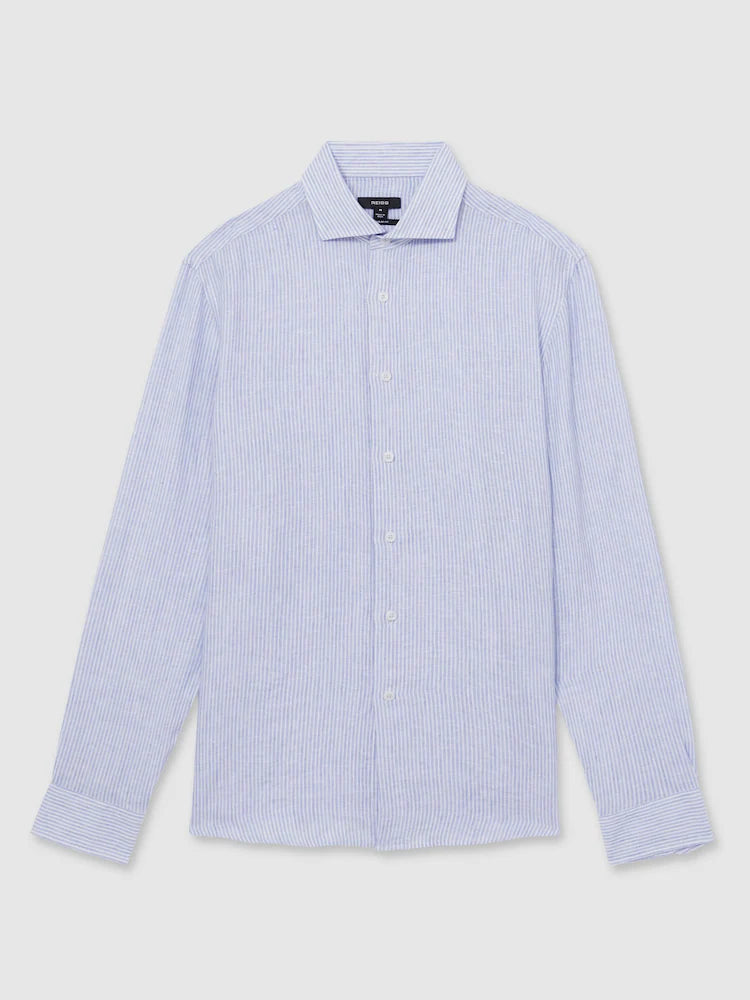 Blue/White Fine Stripe Ruban Linen Stripe Long-Sleeve Shirt