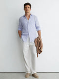 Blue/White Fine Stripe Ruban Linen Stripe Long-Sleeve Shirt