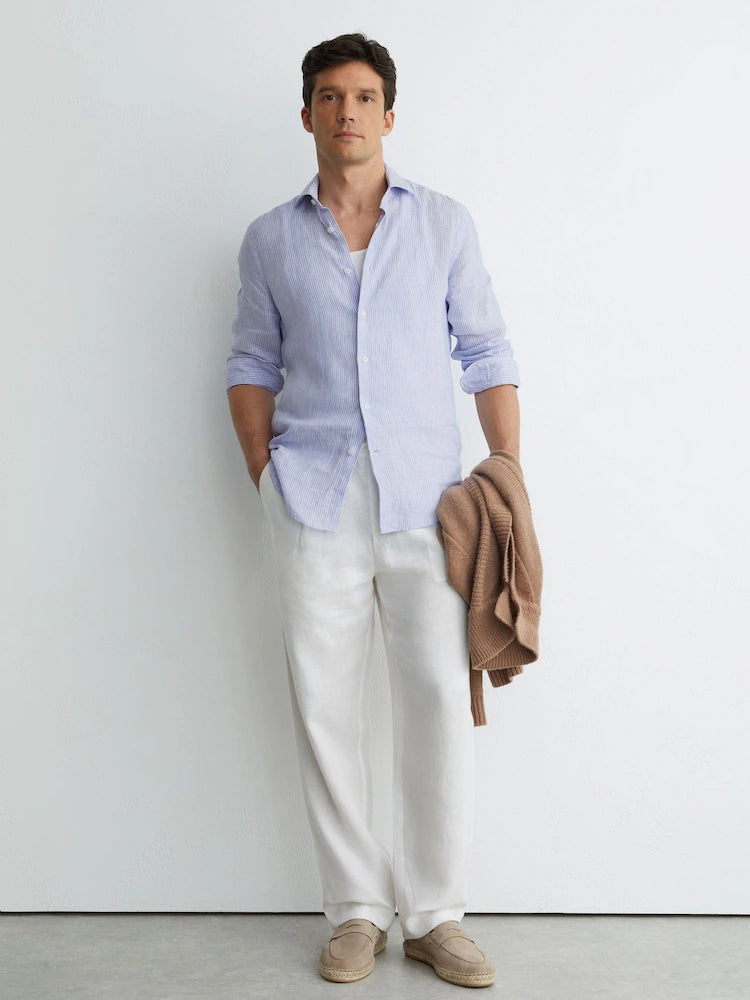 Blue/White Fine Stripe Ruban Linen Stripe Long-Sleeve Shirt
