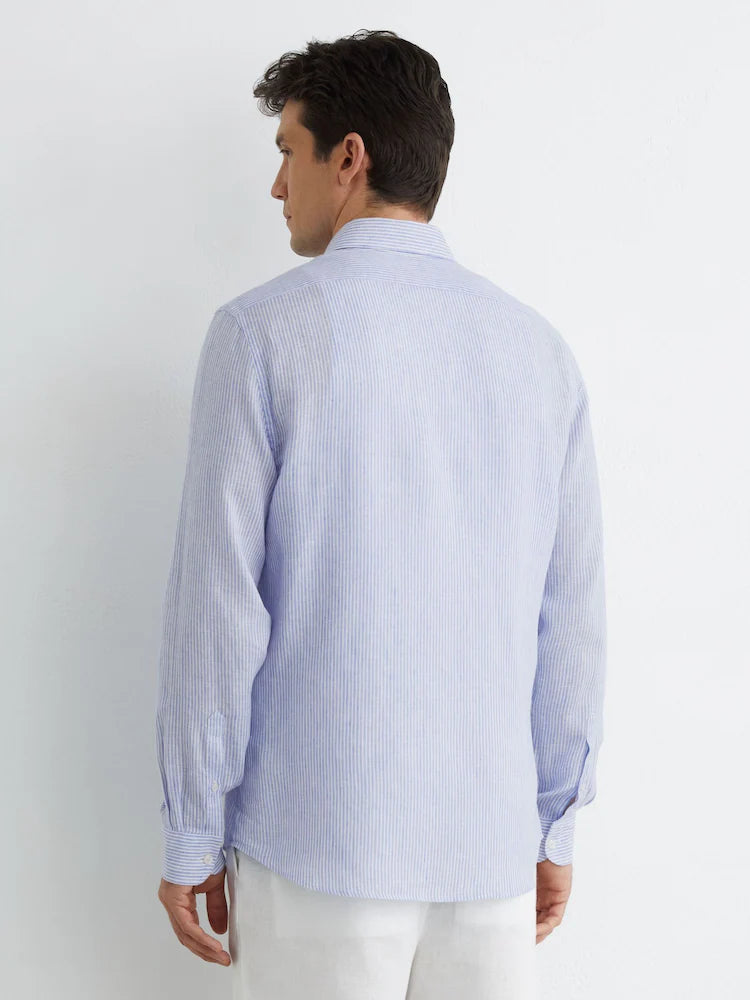 Blue/White Fine Stripe Ruban Linen Stripe Long-Sleeve Shirt