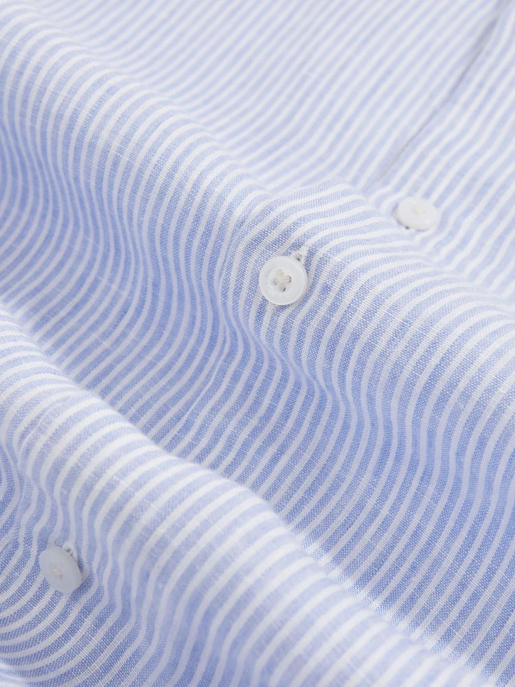 Blue/White Fine Stripe Ruban Linen Stripe Long-Sleeve Shirt