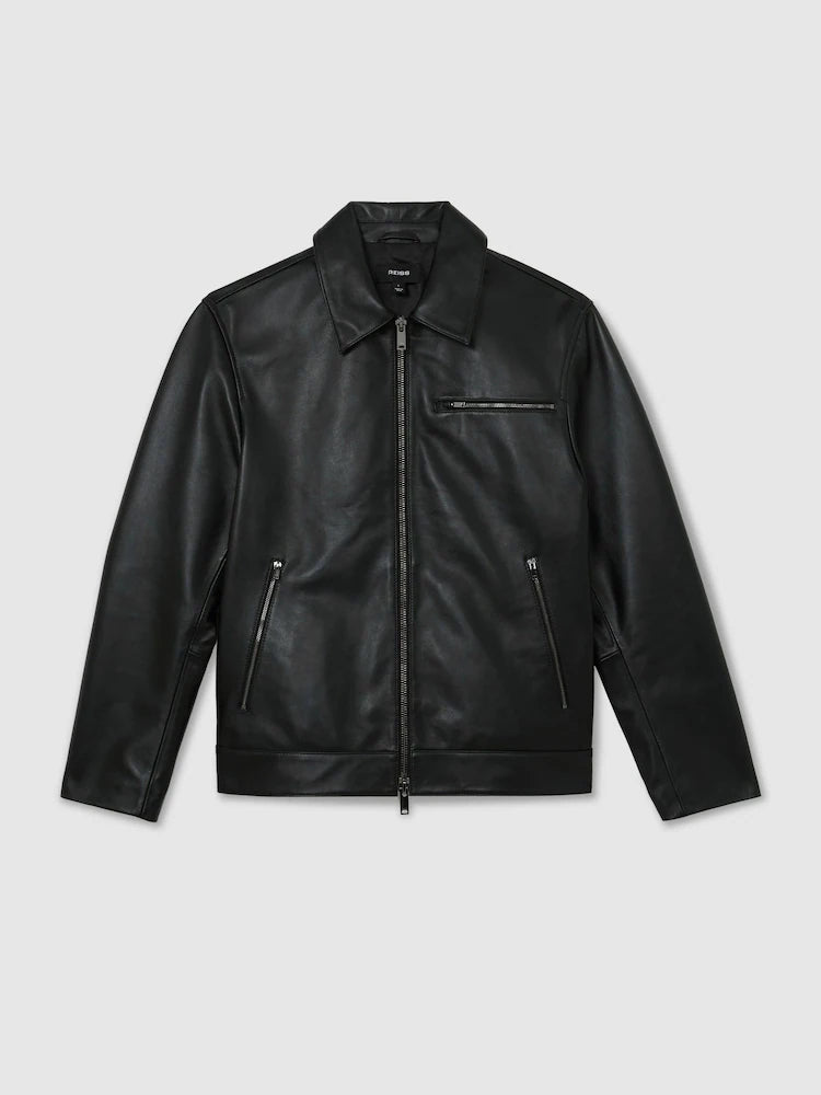 Black Strader Leather Zip-Through Jacket