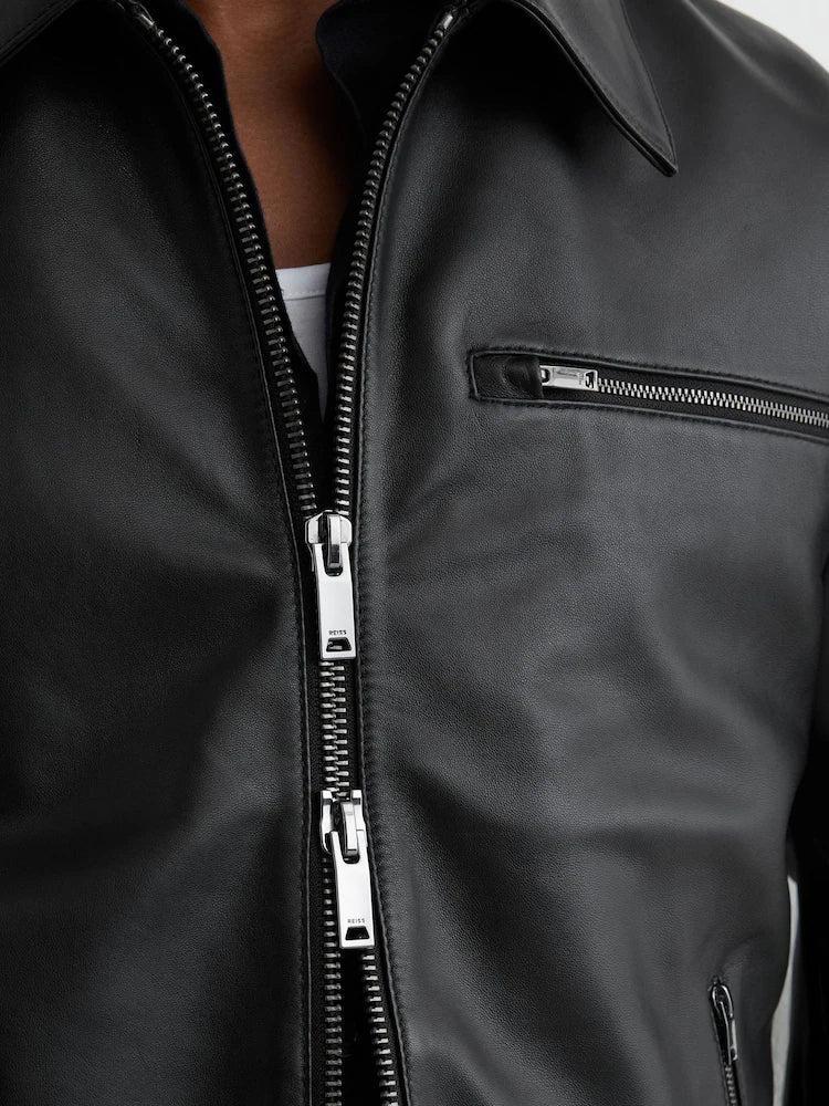 Black Strader Leather Zip-Through Jacket