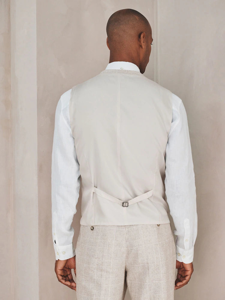 Neutral Check Cotton Linen Blend Suit Waistcoat