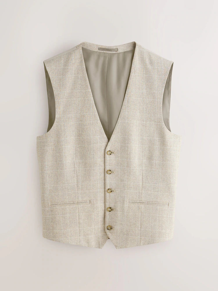 Neutral Check Cotton Linen Blend Suit Waistcoat