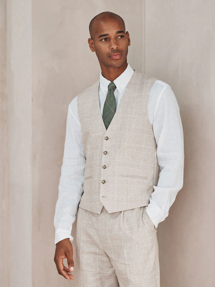 Neutral Check Cotton Linen Blend Suit Waistcoat